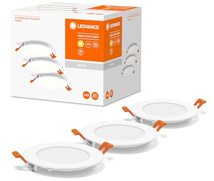 LEDVANCE faretto da incasso bianco, downlight sottile con driver integrato, faretto LED, colore luce bianco caldo (3000K), 8W, 120mm, IP20, confezione da 3 pz.