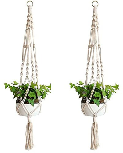 2 Pezzi Appendini per Piante Macramè, Cestino Corda di Cotone Appeso Fioriera da Parete Vasi da Fiori Appendiabiti per Giardino Balcone Soffitto Decorazione Domestica, 4 Gambe