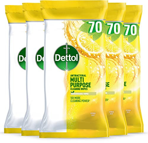 Dettol Antibacterial Multipurpose Cleaning Wipes, Citrus Zest, 350 Wipes (70 x 5pck) Disinfectant, Biodegradable, 10X Cleaning power vs Water alone, Kills 99.9 Percent of Germs