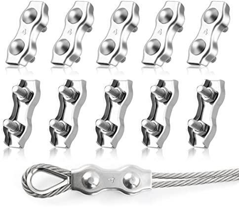 LYCXAMES Morsetto duplex M4, Morsetto per fune metallica da 10 pezzi, Morsetto per cavo in acciaio inossidabile 304, Corda metallica da 4 mm Corda d'acciaio Tenda da sole fissa (M4)