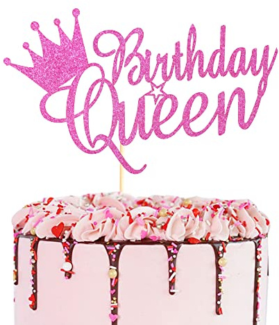 Arthsdite Tortenaufsatz mit Aufschrift Queen Birthday, Wimpelkette, Party-Dekoration, Zubehör für Damen, Mädchen, Damen, rosa Glitzer