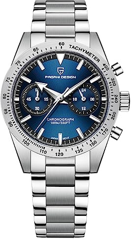 Pagani Design 1766 - Orologio cronografo da uomo, in acciaio inossidabile, cassa da 40 mm, movimento al quarzo VK64, impermeabile fino a 100 m, 1766 Blu, Classico
