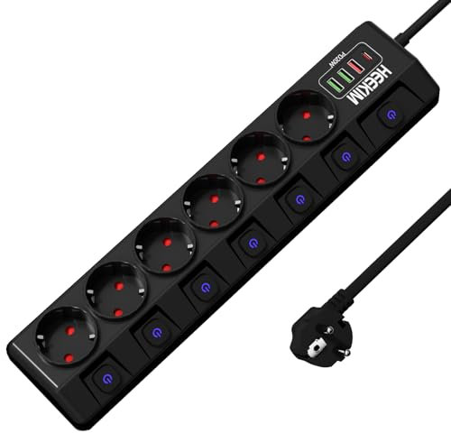 Multiprise 6 Prises, 7 Interrupteurs, 2 Ports USB-A et 2 Port USB-C, Protection Enfant, Rallonge Multiprises Electriques pour Smartphone, Maison, Bureau (4000W/16A) (Cordon de 2m, Noir)