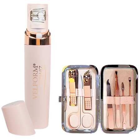 Velform Epilwiz Epilierer mit Manikürset – 18 Karat vergoldeter Kopf – Schnelle Haarentfernung & LED-Licht – Handlich für Gesicht & Körper – Damen & Herren