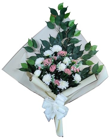 DRW Blumenstrauß für Friedhof, Blumenstrauß, künstliche Chrysanthemen und Gypso in Weiß und Rosa, zum Einstecken in die Vase oder über das Grab