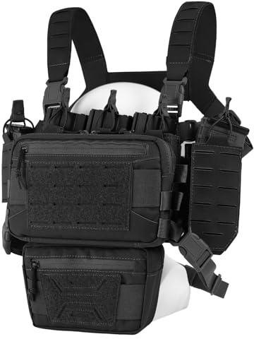 Taktische Chest Rig - Paintball Taktische Weste, Molle Modular Micro Fight Plattenträger Brustschützer, Verstellbar und Abnehmbar, mit 5,56/7,62 Magazintasche (Black)
