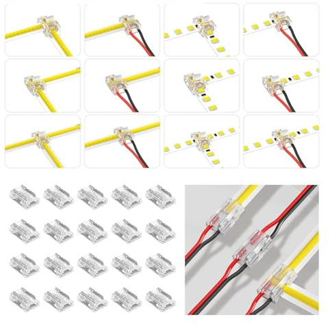 Silkwish 20 Stück 2 Polig 8mm LED Verbinder – COB/SMD LED Streifen Connector 2 Pin Eckverbinder, 8 Verbindungsarten (L/T-Form) – Lötfreier LED Strip Connector für SMD/COB Streifen