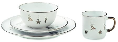 Juego de vajilla de cerámica de 4 piezas con plato de desayuno, cuenco para cereales y ensalada (500 ml) y vaso (300 ml), decoración navideña dorada