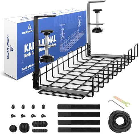 HOMMAND Under Desk Cable Management Tray, Upgraded Wire Management No Drill No Screws, Under Desk Cable Organizer for Wire Management, Sturdy Metal Cable Tray for Office, Home, Fits Most Tables, Black