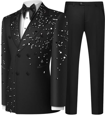 Olibexley Men's 2 Piece Double Breasted Suits Slim Fit Tuxedo Jacket and Dress Pants Set for Wedding Business Prom Suits (US, Alpha, Small, Regular, Regular, Black)