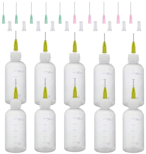 FIHODONE 10 Stück Dosierflasche, Nadelflasche, Leimflasche, 50ml Dosierflasche für Nähmaschinenöl, Applikatorflasche mit Dispensing Feine Nadeln für Bastelkleber, DIY Handwerk, Acrylmalerei