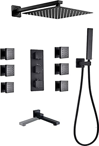 Système de douche thermostatique noir avec bec de baignoire, jets de pulvérisation, montage mural, ensemble combiné de 20,3 cm, mitigeur de pluie en laiton