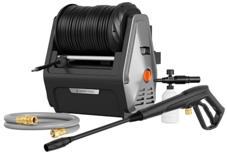 Giraffe Tools Wandmontierter Hochdruckreiniger Max 2400 PSI, 2.0 GPM | 1800 Watt Elektrischer Wasserdruckreiniger, mit 30M Einziehbarem Schlauch, für Autos/Zäune/Garten, Schwarzer Harter Schlauch