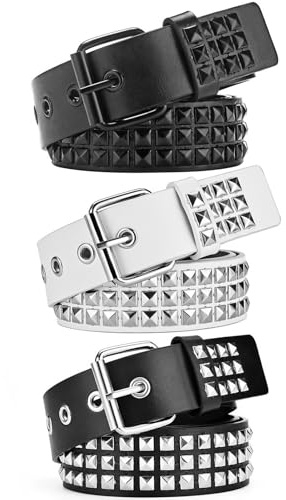 AEXHOT 3 Pcs White Black Studded Belt Y2K Belt Gothic Punk Rock Belts with Grommet Threads Bright Metal Pyramid Cool Belts for Women Men