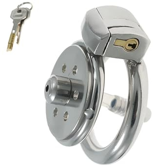 Flat Chastity Cage Männer Metall Peniskäfig mit Katheter und Mehreren Belüftungslöchern Sex Spielzeug für die Männer Keuschheitskäfig mit Unsichtbarem Schloss für Mann Penis Bondage (L)