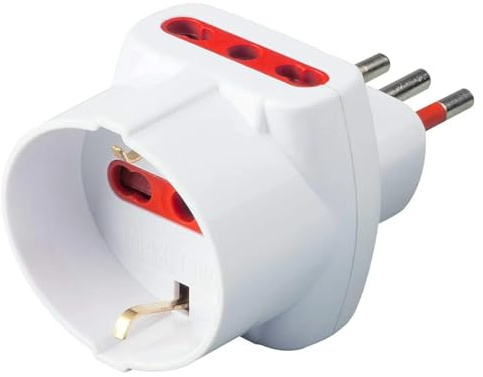 Tripla bianca, spina piccola 10A, 2 prese bipasso bivalenti 10A/16A, 1 presa schuko tedesca 16A, adattatore triplo con limitatore di sicurezza, con protezione da sovraccarico
