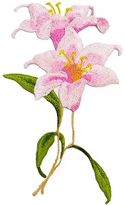 Applikation, 15 x 23 cm, bunte Stickerei, Spitze, Lilie, bunte Blume, Kleidung, Aufnäher, rosa