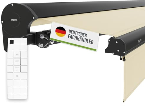 empasa Elektrische Kassettenmarkise 'Expert' Gelenkarmmarkise Markise Sonnenschutz mit manuell ausfahrbarem Volant, komplett vormontiert, Farbe:Elfenbein, Größe:4 x 3 m