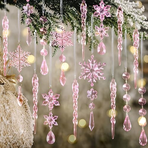 18pcs Crystal Christmas Ornaments for Christmas Tree Decorations-Pink Hanging Acrylic Snowflake and Icicle Ornaments with Drop Pendants for New Year Party Decorations Supplies | Faceted acrylic catches and reflects tree lights with icy sparkle, creating a crystal-like glow on snowflake & icicle shapes