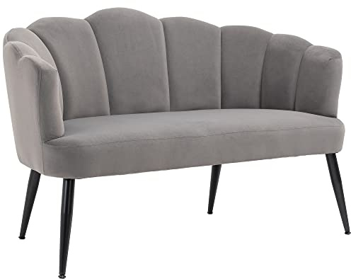 HOMCOM Sofa 2 Sitzer 132 cm Couch mit Armlehne, Muschelartige Rückenlehne, kleines Polstersofa Modernes Doppelsofa mit Samtoptik, Metallbeine für Wohnzimmer, Schlafzimmer Dunkelgrau