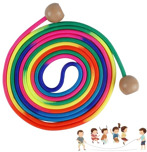 Yunova Regenbogen Springseil 5m – Langes Springseil zum Schwingen für Kinder, Holzgriff & Baumwollseil, Teamspringen für Schule Garten Geburtstag ab 5 Jahre