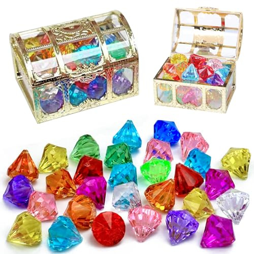 Diamantes de Juguete con Cofre del Tesoro – 30 Piezas Gemas Acrílicas Multicolores, Piedras Decorativas para Relleno de Jarrones, Decoración de Mesa, Búsqueda del Tesoro Pirata