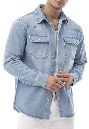 Redbridge by Spruce – denimskjortjacka – jeansskjorta med tryckknappar – övertröja med bröstfickor – långärmad normal passform, Ljusblå, S