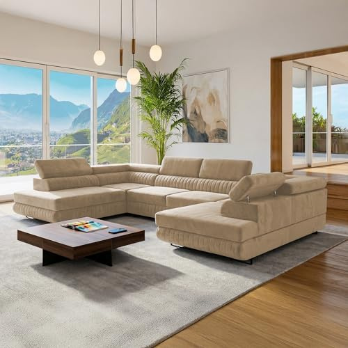 SOFILAND U-Form Ecksofa Magnum U, große Wohnlandschaft mit Schlaffunktion & 2 Bettkästen, wasserabweisend, pflegeleicht & haustierfreundlich, modernes Schlafsofa fürs Wohnzimmer (Beige)