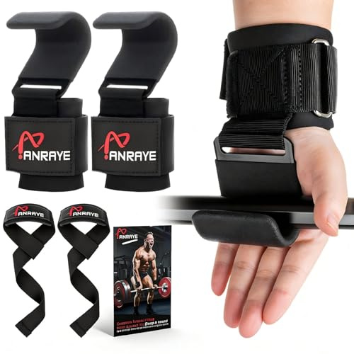 Weight Lifting Hooks & Wrist Straps Set – Lifting Hooks with Anti-Slip Grip, Adjustable Wrist Wraps for Weightlifting, Deadlifts, Powerlifting, Gym Straps for Men and Women, Black-Red