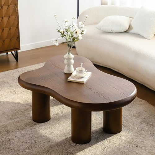 Asymmetrical Cloud Coffee Table with 4 Cylindrical Legs (E Brown 46in) | Modern Cream White Cloud Coffee Table Easy to Assemble for Farmhouse Living Room Study
