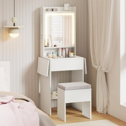 COSTWAY Small Dressing Table with 3-Color LED Lights Mirror and Stool, Drop-Leaf Makeup Table Vanity Desk with Charging Station, Fold-up Panel, Glass Top, Cabinet & Drawer for Bedroom (White)