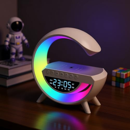 3 in 1 Wireless Charger Led Table Lamp, Digital Alarm Clock with Fast Wireless Charging and Mood Light, Multifunctional Bluetooth Speaker with White Noise Music, Teenage Gifts for Girl Boy(White)