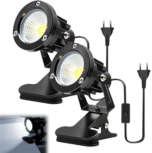 BORDEAG LED-spotlight med kontakt och strömbrytare, 2 stycken 10 W COB LED-strålkastare, skrivbord, trädgårdsstrålkastare växter spotlight, LED-klämspot med 1,8 m kabel för inomhus- och