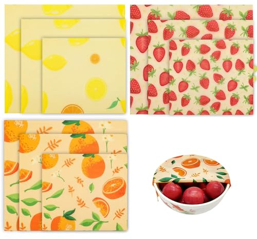 Rusokofu Bivaxdukar set 9 stycken (3 l, 3 m, 3S) återanvändbara av ekologisk bomull – hållbar plastfolie alternativ för bröd, frukt, snacks – fruktdesign