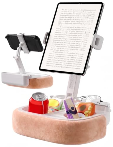 ALAFLY iPad Pillow Stand for Bed Lap - [270° 360° Adjustable][Detachable], Hands-Free Tablet Holder with Snack Trays, Pink, Compatible with 5.4-8.8 iPad, Kindle, Phone, Switch