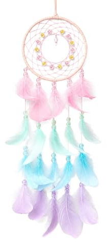 Traumfaenger Handgemachtes Feder Dream Catcher, Indische Deko Fuer Schlafzimmer, Maedchen und Kinder, Wandbehang Ornament, 12cm Durchmesser und 50cm Lang