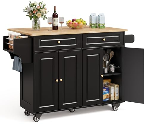 Xbro Carrello da Cucina Mobile con Ruote, Piano Pieghevole, Credenza 2 Cassetti 4 Ante, Salvaspazio con Portaspezie Portaasciugamani, 145x75x90 cm