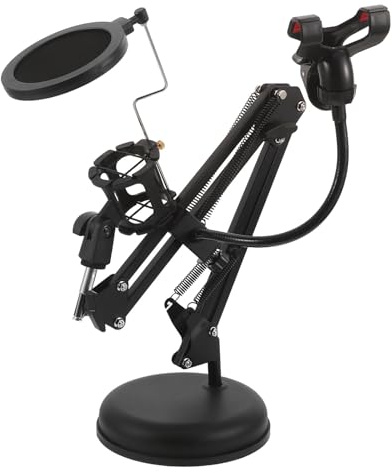 TOYANDONA Desktop Justerbar Mikrofonarm med Popfilter och Telefonhållare Dubbla Klämmor för Live Stream Studioinspelning och Sändning Ljudisolerande Mikrofonstativ för Radiobruk