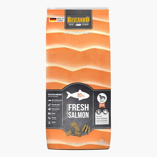 BELCANDO MASTERCRAFT Hundefutter trocken Fresh Salmon, 10kg, Trockenfutter für Hunde mit Lachs, 80% Frischfleisch, getreidefrei, für alle Rassen, Made in Germany