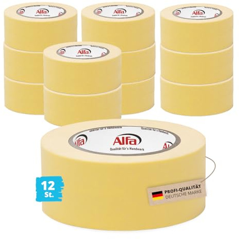 Alfa 511 Ruban adhésif en papier crêpé fin «Easy» 50 mm x 50 m - 12 pièces - ruban adhésif de masquage en papier crêpe fin pour peintres, résistant à l'eau, de haute qualité