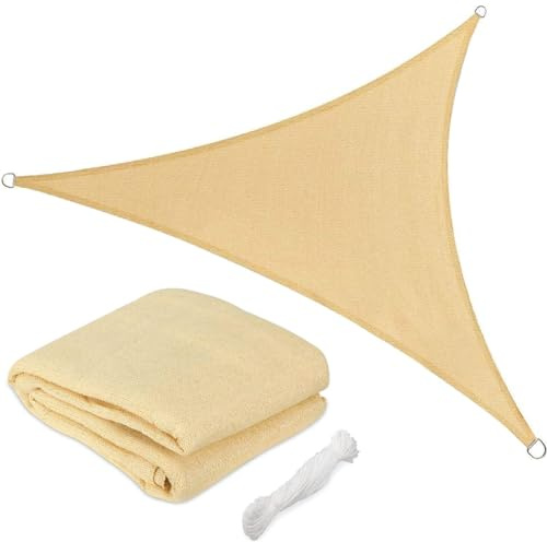 Bakaji Toldo parasol triangular de HDPE para sombra, 3 x 3 x 3 m, resistente, protección UV 90% para sombra, jardín, terraza, con gancho para ojales, color beige (3 x 3 x 3 m)