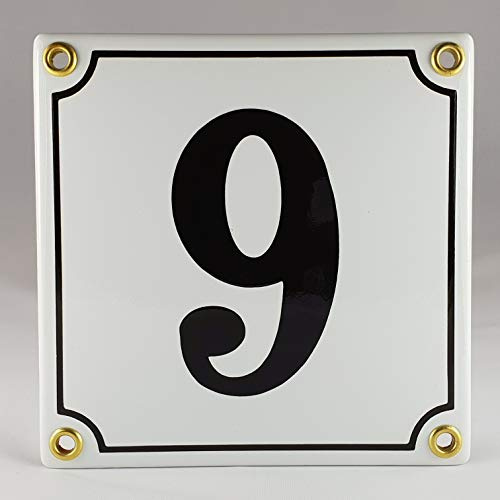 Hausnummer Emaille Schild Nr. 9 Weiß-Schwarz Handarbeit mit Schrauben und Dübel zur Montage