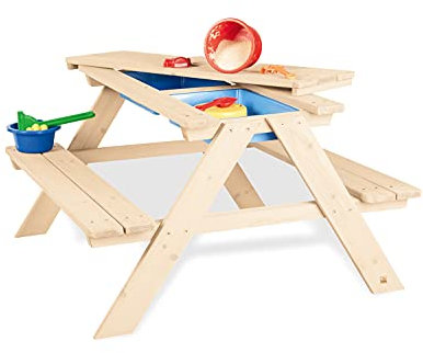 PINOLINO Matsch-Nicki Kindersitzgruppe 4er mit 2 Wannen -Matschküche & Wasserspieltisch für den Garten - Matschtisch aus Naturholz, Kindergartenmöbel ab 2 Jahren, Outdoor-Tisch 88 x 89 x 51 cm