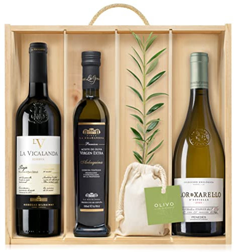 Lote Gourmet Regalo Excelence con árbol olivo natural para plantar, aceite de oliva virgen extra, vino tinto Reserva y vino blanco Xarel.lo en caja de madera