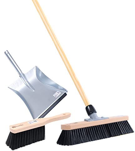 BawiTec XXL Zimmerbesen Set Breite 40cm inkl. Besenstiel Länge 120cm weiche Kunsthaar-Borsten inkl. Handfeger 28cm und Metall-Kehrschaufel mit Lippe Besen Holzstiel Stiel Kehrbesen