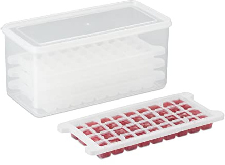 Relaxdays Eiswürfelform Set, 5 Eiswürfelschalen, BPA-frei, Behälter und Deckel, 180 Eiswürfel, Kunststoff, transparent