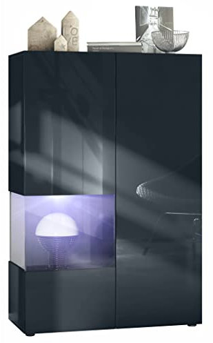 Vladon Vitrine Morena V2, Made in Germany, Standvitrine mit 2 Türen und Glaseinsatz, Schwarz matt, Fronten Schwarz Hochglanz, Cube Schwarz matt inkl. LED-Beleuchtung Weiß (91,5 x 136,5 x 37 cm)