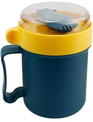 LNQ LUNIQI Mikrowellengeeignete Frühstückstasse mit Deckel und Löffel, 300 ml, tragbare Suppentasse mit Griffen, für Schule, Büro, Outdoor, Reisen (blau)