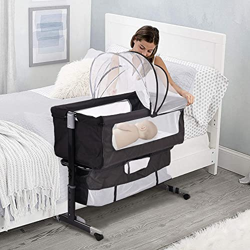 THINFAR Codododo-Kinderbett mit Matratze und Moskitonetz, 2-in-1, Beistellbett für Babys von 0 bis 36 Monaten, faltbar, 2-in-1, Babywiege, Mobile Beistellbett (92 x 58 x 70-87 cm, schwarz)