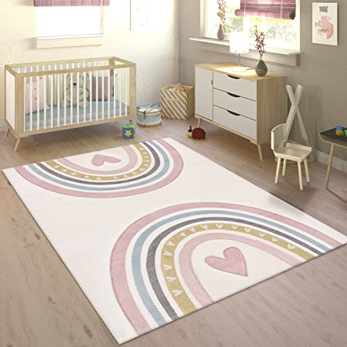 Paco Home Alfombra Infantil Alfombra Habitacion Niño Arcoíris Corazón 3D Rosa Crema, tamaño:200x290 cm